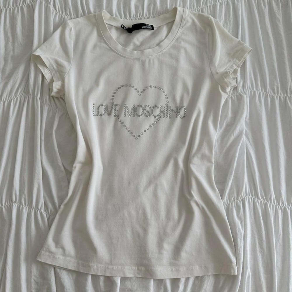 Love Moschino S/6 Rhinestone Heart White Tee